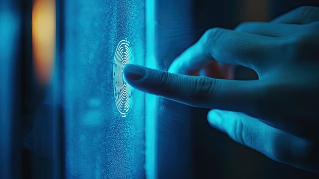 Digital fingerprint scan symbolizing cybersecurity, personal data protection, and identity verification on a futuristic interface.