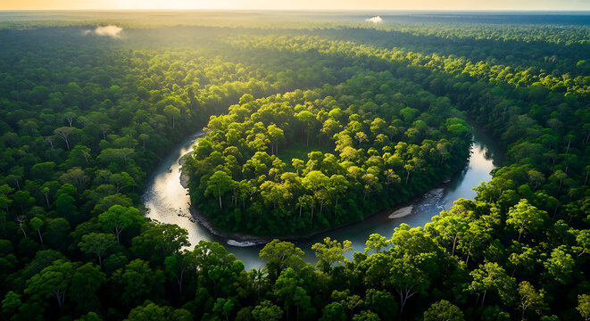 Aerial view of a winding river flowing through a lush green rainforest canopy