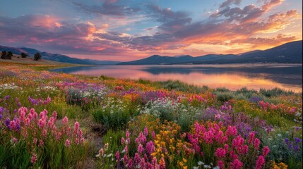 Colorful wildflowers line the shore of a peaceful lake as the sun sets behind the mountains.