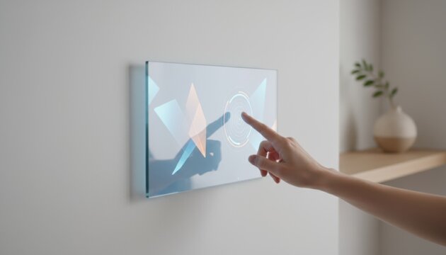 Touch Control Panel Home Concept. Interactive touch display with geometric shapes on a wall.