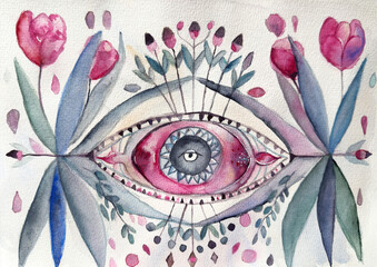 Mystical Watercolor Eye with Botanical Ornaments, hand-painted watercolor