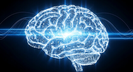 Artificial intelligence brain with circuit board design glowing