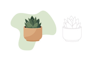 vector illustration of a succulent in a terracotta pot with abstract pastel green background and matching line art version, perfect for eco branding, minimalist wall art, social media posts, stickers,
