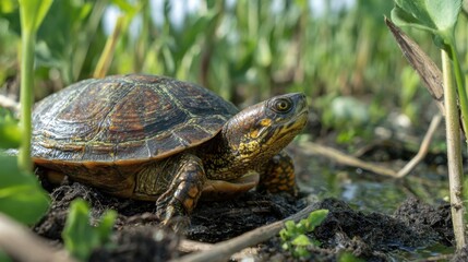 Obraz premium Turtle exploring a lush wetland surrounded by green plants on a bright sunny day