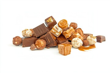 Assortment of milk chocolate and caramel candies scattered on a white background, including pieces with swirled patterns and glossy textures.