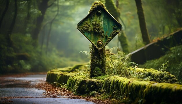 rusty road sign covered in moss and almost swallowed by nature