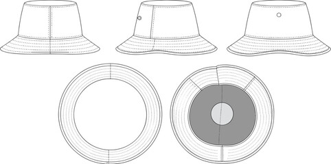Trendy CAD streetwear flat vector illustration, bucket hat technical drawing, modern fashion accessory design, unisex headwear template © Creative Rejia