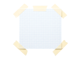 Blank graph paper note taped, empty space for messages or drawings. isolated on transparent background