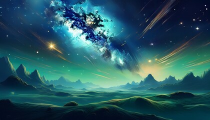 a mesmerizing cosmic scene with vibrant teal and green hues speckled with countless stars creating a dreamy ethereal atmosphere
