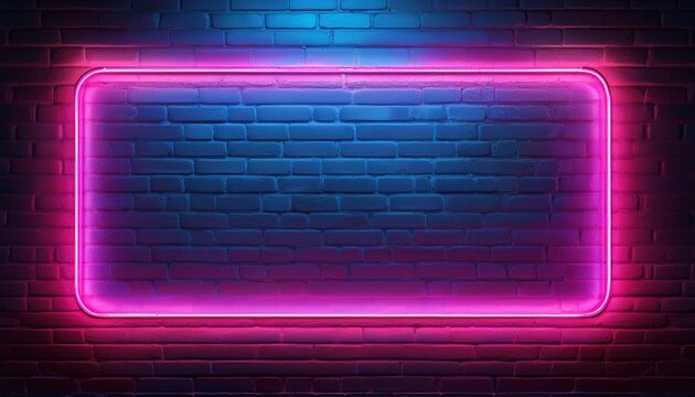a vibrant neon outline formed by a pink and blue glow creates a rectangular frame against the backdrop of a weathered brick wall