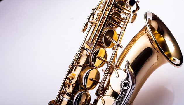 shiny golden saxophone detail on white background close up