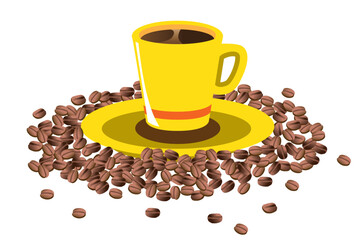Yellow coffee cup with beans on white background