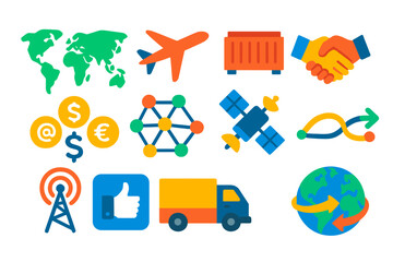 Globalization Icons Set. Flat vector icons of globalization: world map, airplane, shipping container, handshake, currency symbols,