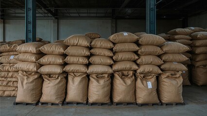 Stacks of large brown bags stored in a warehouse or storage area. Industrial storage, packing, and logistics. The image depicts a bulk storage setup.