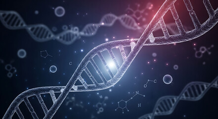 Detailed dna double helix structure with molecular elements on a dark backdrop