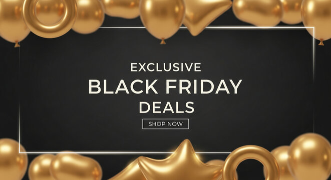 Image with gold balloons, ring shapes, star, and rectangle on black background. Black Friday sale advertisement with free space for text and promotion
