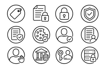 Data Protection Icons. Line style round icons of data protection law: data privacy tag, encrypted file, lock symbol, compliance