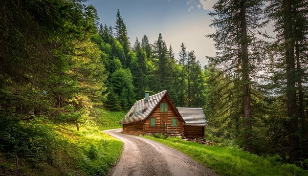 secluded rustic cabin nestled in a lush green forest with a winding dirt road - Powered by Adobe