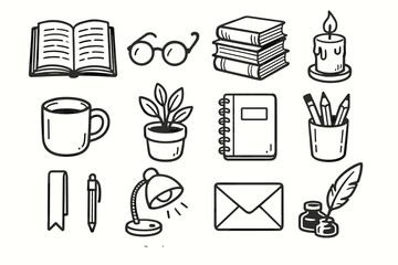 Notebook s book pen envelope quill lover lamp pencil vector icon bookmark