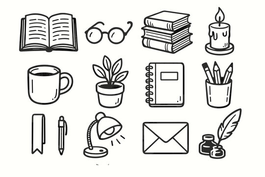 Notebook s book pen envelope quill lover lamp pencil vector icon bookmark