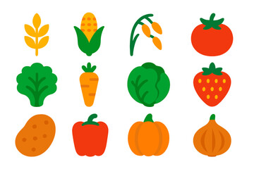 Fototapeta premium Colorful Crop Icons. Flat vector icons of Crop Types: Wheat, Corn, Rice, Tomato, Lettuce, Carrot, Cabbage, Strawberry, Potato,