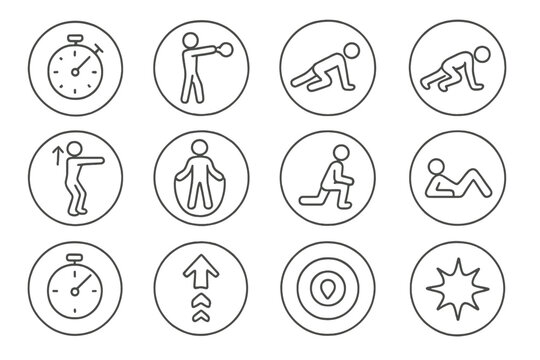 HIIT Workout Icons. Line style round icons of HIIT workout: timer, kettlebell swing, burpee, mountain climber; squat jump, jump