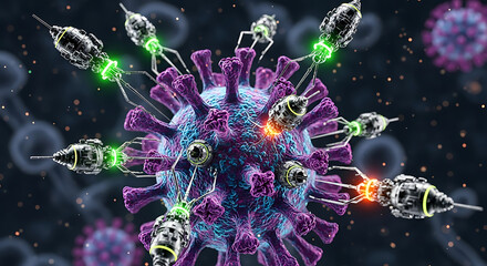 Nanobots attacking virus cell to destroy it in a futuristic medical concept