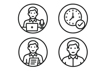 Remote Professional Icons. Line style round icons of remote professionalism: avatar, clean desk, neutral background, light shirt;
