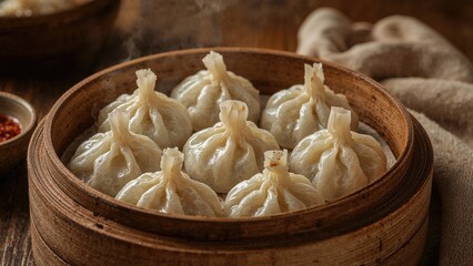 Steamed dumplings in a bamboo steamer basket, traditional Asian cuisine, food presentation. The concept of Chinese dumplings and culinary arts.
