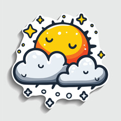 Sleeping Winter Sun Sticker. Cute Cartoon Sun with Snow Clouds and Stars Vector Illustration.