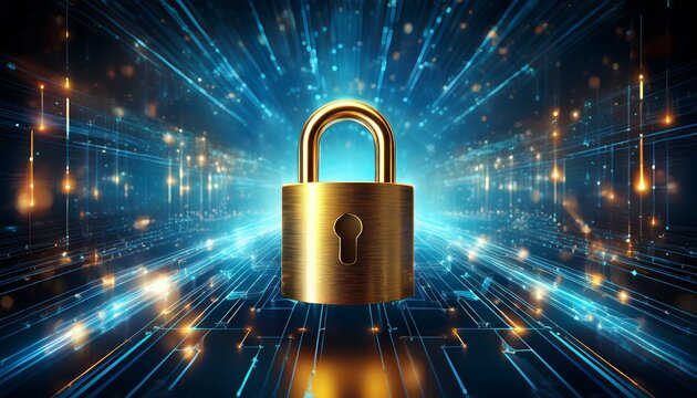 glowing gold padlock amidst blue energy sparks suggesting digital security