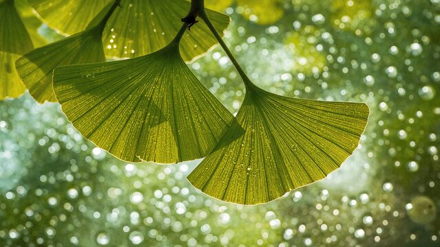 Ginkgo leaves illuminated by sunlight with bokeh background, nature, greenery. Botanical and plant life, concept. The beauty of trees and foliage.