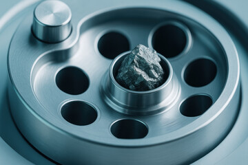 Rare earth elements sample placed in laboratory centrifuge rotor for scientific research showing metallic mineral texture and precision instrument in cool tone conveying analytical focus