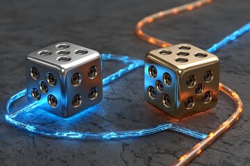 Metal dice connecting with glowing data cables