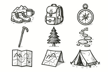 Fototapeta premium Tree stick path map backpack icons vector forest tent trail compass walking
