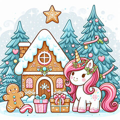 Obraz premium Gingerbread house and a unicorn, cartoon illustration. AI