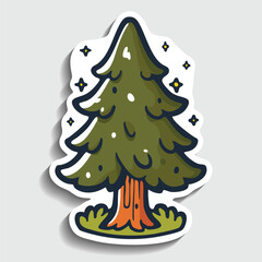 Cute Christmas Tree Sticker. Cartoon Evergreen Pine or Fir Tree Vector Illustration.