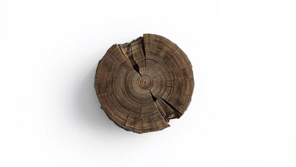 Obraz premium A piece of wood log with dark brown growth rings and cracks, isolated on a white background.