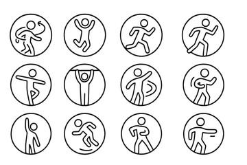 Dynamic Motion Icons. Line style round icons of motion and energy: spin, jump, run, stretch; balance, grip, flow, pulse; reach,