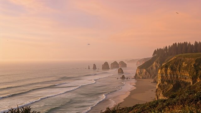 Ocean shoreline at sunset with cliffs, waves, and a distant forest, capturing a serene coastal landscape and the beauty of nature during evening.