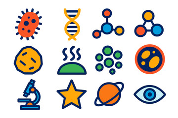 Colorful Biosignature Icons. Flat vector icons of Biosignatures: Microbe Icon, DNA Strand, Chemical Compound, Water Molecule, Rock