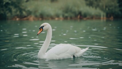 Fototapeta premium A graceful swan swimming on a calm lake with green trees in the background.