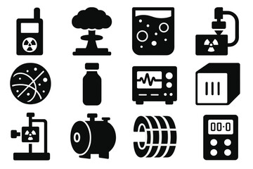Nuclear Experiment Icons. Solid style icons of nuclear experiments: detector, cloud chamber, bubble chamber, scintillation counter