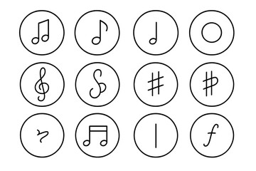 Musical Symbols Icons. Line style round icons of musical notes: quarter note, eighth note, half note, whole note; treble clef,