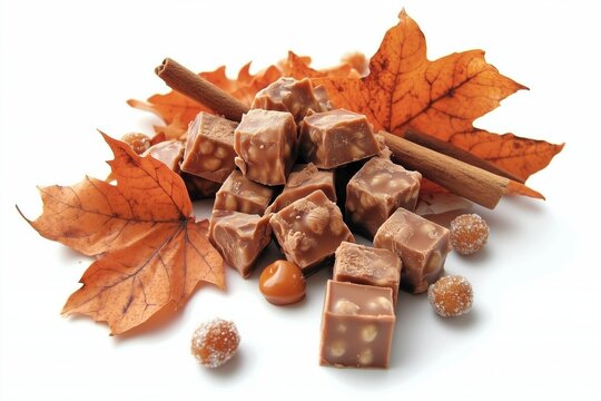 Caramel candy cubes with nuts placed over autumn maple leaves and cinnamon sticks, isolated on white.