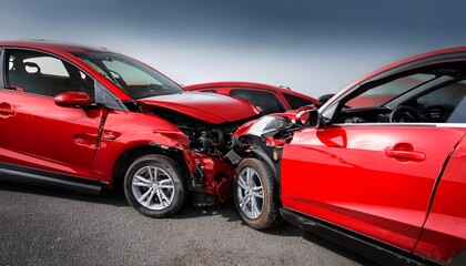 Fototapeta premium damaged red sports cars in multiple angles after serious accident