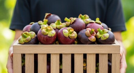 Fresh mangosteen in wooden crate