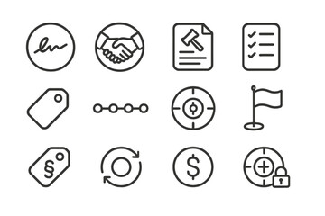 Contract Icons Design. Line style round icons of contract and scope: signature icon, agreement sheet, legal page, checklist icon;