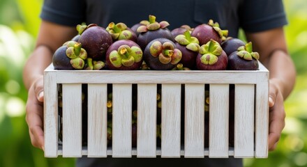 Fresh mangosteen in wooden crate