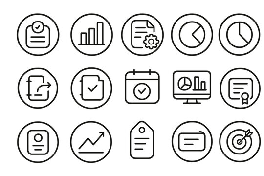Project Reporting Icons. Line style round icons of project reporting: status report, bar chart, progress file, pie graph; update